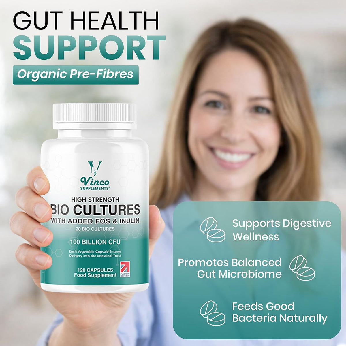 Vinco 100 Billion CFU Probiotics - 20 Strains with Prebiotics - 120 Vegan Capsules
