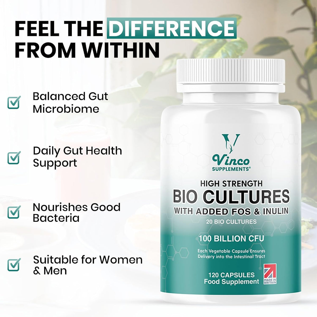 Vinco 100 Billion CFU Probiotics - 20 Strains with Prebiotics - 120 Vegan Capsules